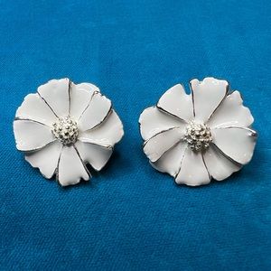 Vintage Silver and White Enamel Flower Clip Earrings